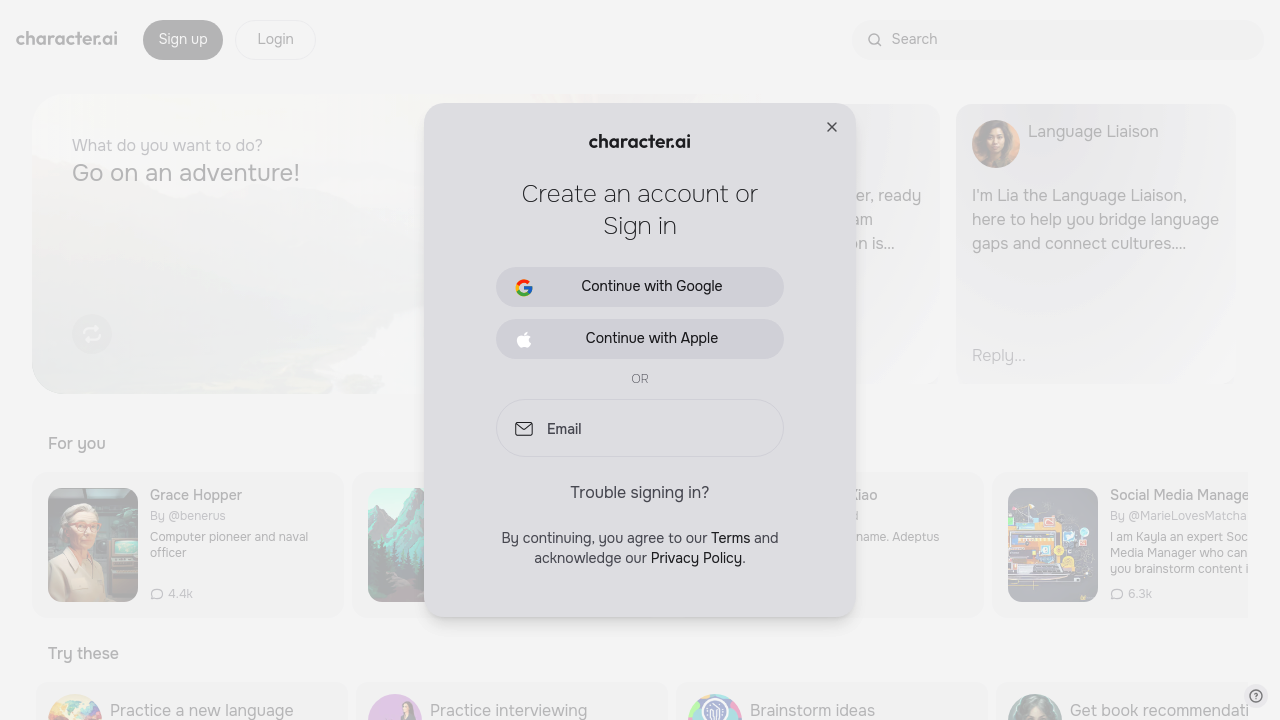 Screenshot of Charater.ai website